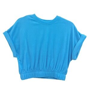 Elan Terry Cloth Short Sleeve Crop Top XS Bright Blue Elastic Waistband NWT